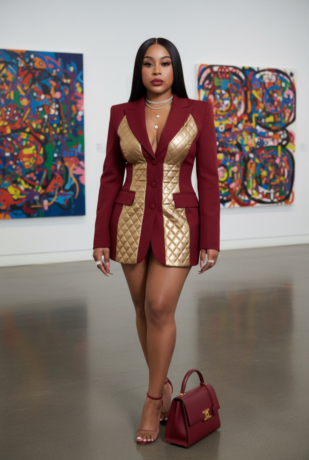 Farrah Privé™ Sculpted Gold Blazer Dress — Bordeaux Royale Edition