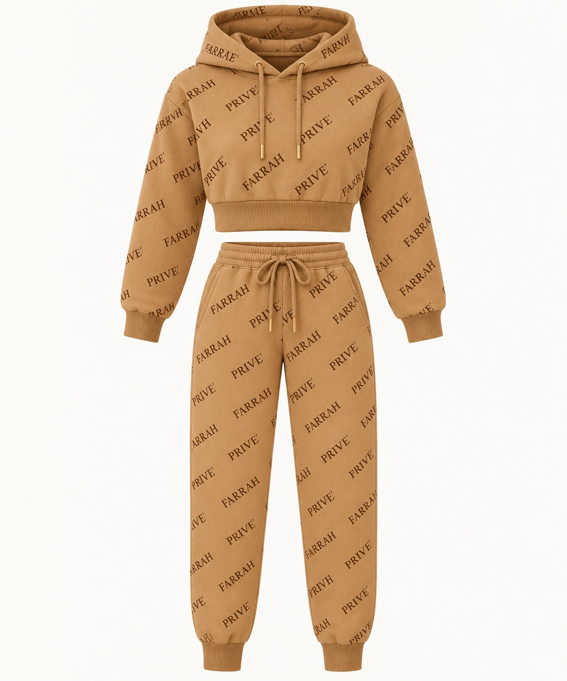 Farrah Privé™ Signature Monogram Cropped Hoodie & Jogger Set — Camel