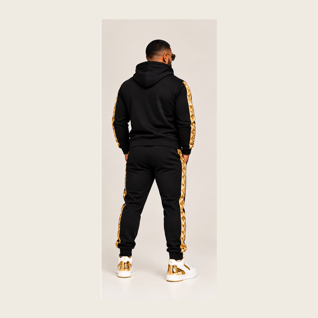 Farrah Privé black and gold men's jogger set — back view, full outfit fitted