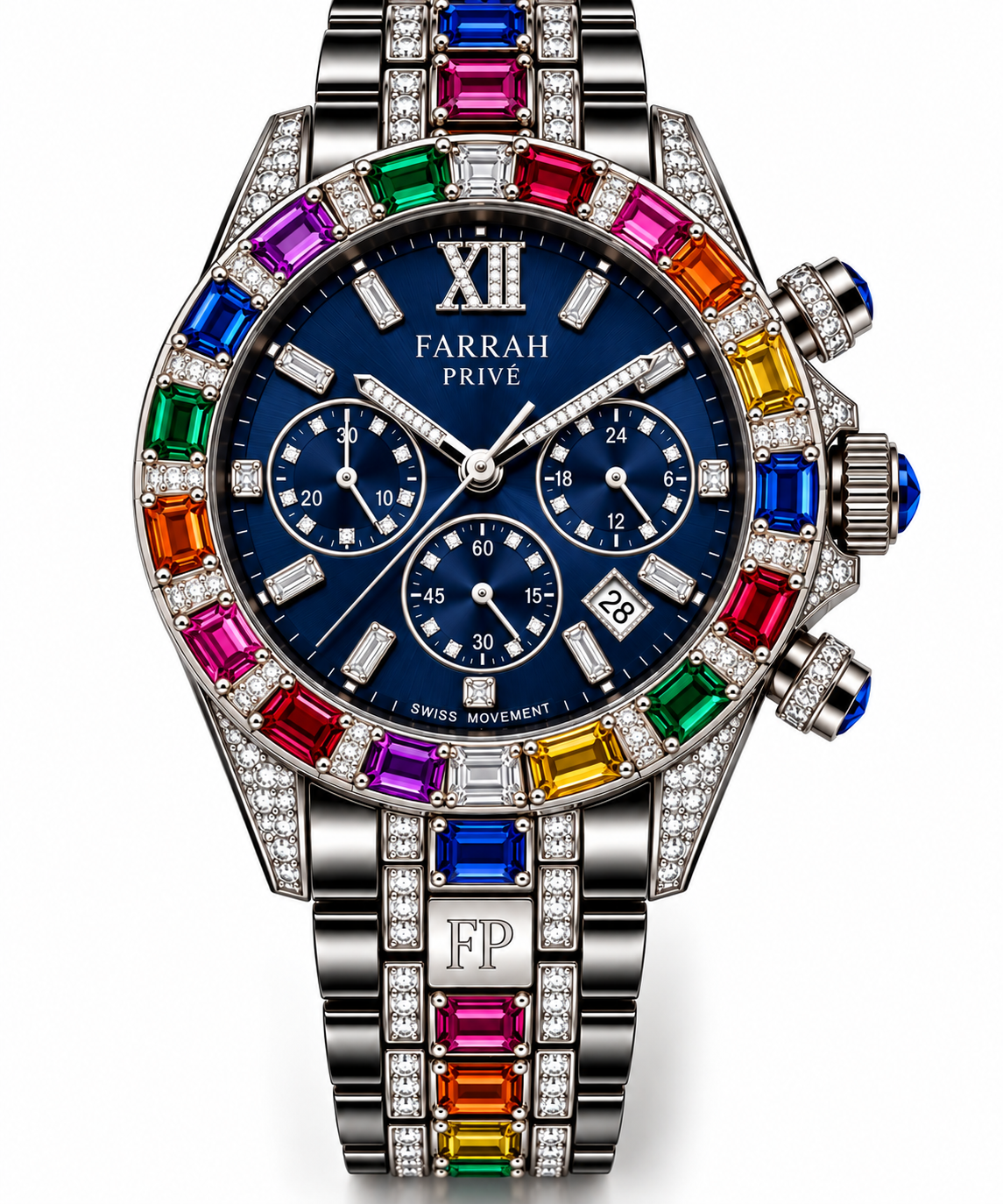 Farrah Privé blue dial rainbow gemstone silver tone signature chronograph watch