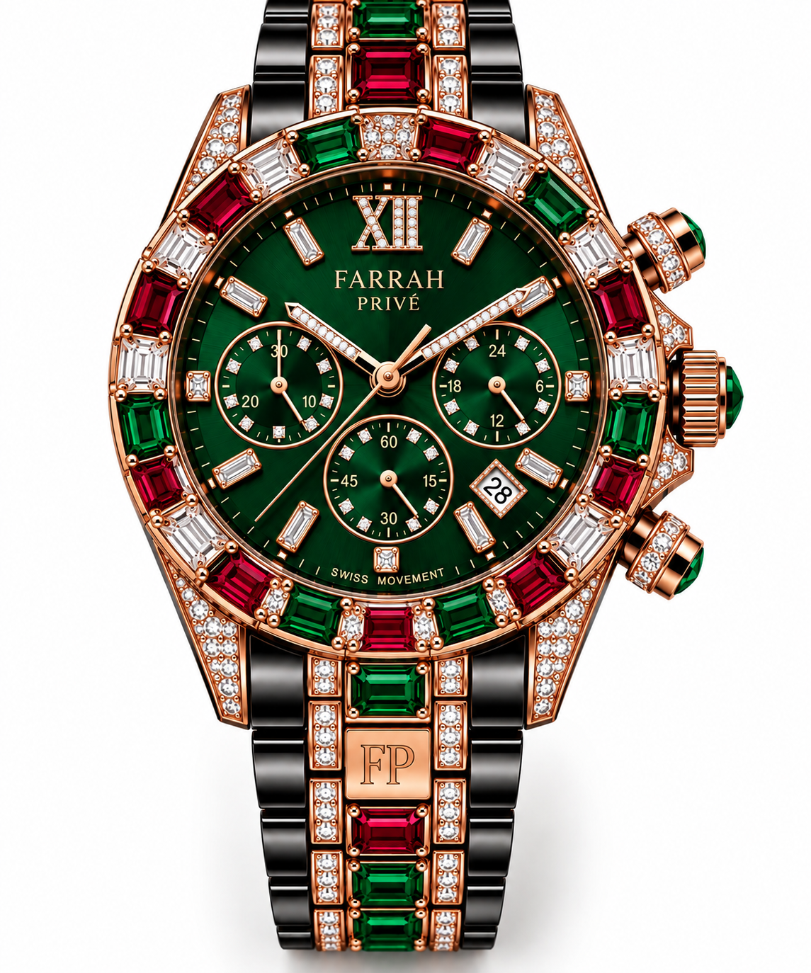 Farrah Privé emerald green and ruby multicolor rose gold and black signature chronograph watch