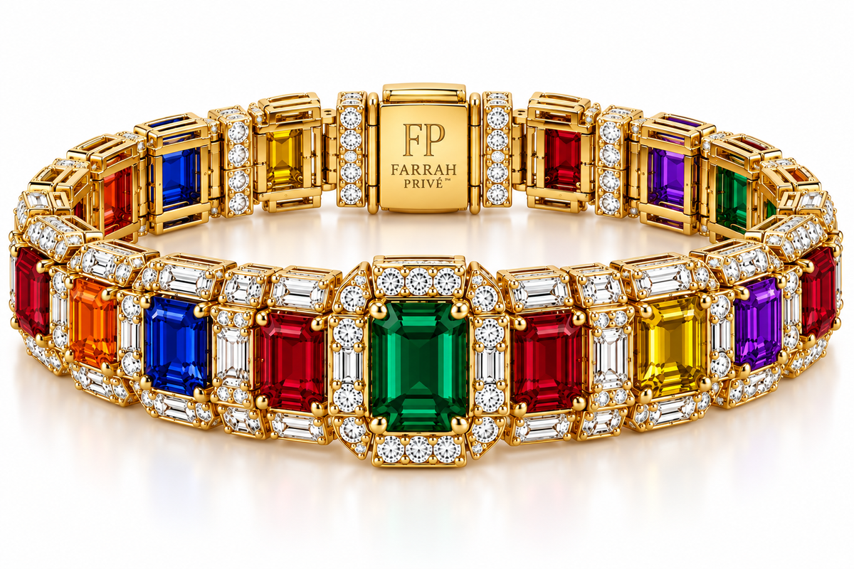 Farrah Privé gold emerald rainbow signature bracelet with multicolor gemstones and diamond detailing