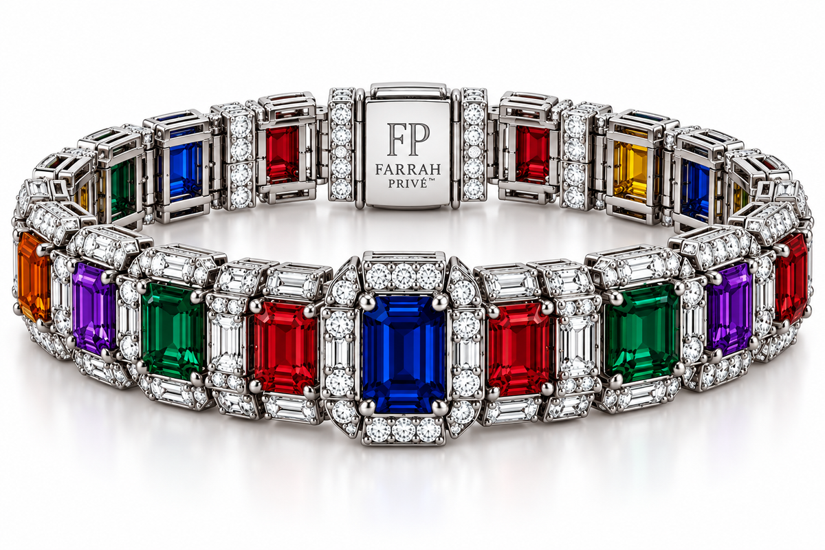 Farrah Privé sapphire rainbow signature bracelet with multicolor gemstones and diamond detailing