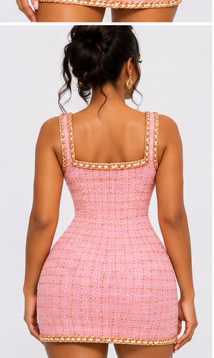 Farrah Privé Pink tweed mini dress back on model