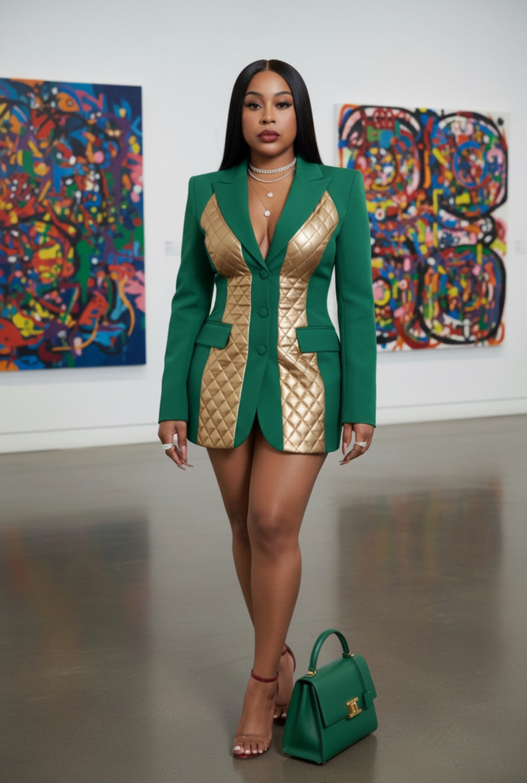 Farrah Privé™ Sculpted Gold Blazer Dress — Emerald Royale Edition