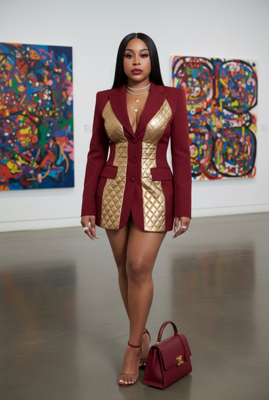 Farrah Privé™ Sculpted Gold Blazer Dress — Bordeaux Royale Edition