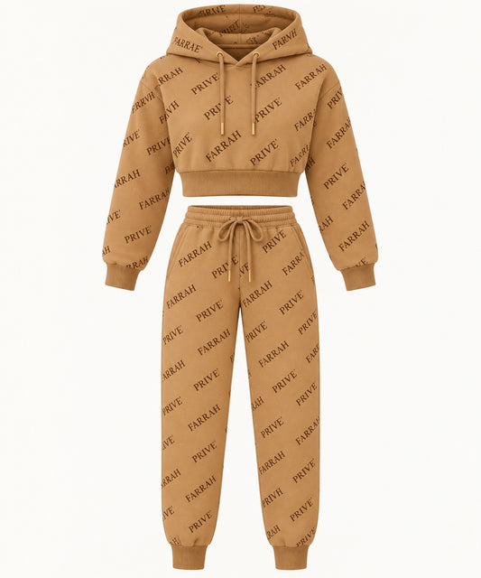 Farrah Privé™ Signature Monogram Cropped Hoodie & Jogger Set — Camel