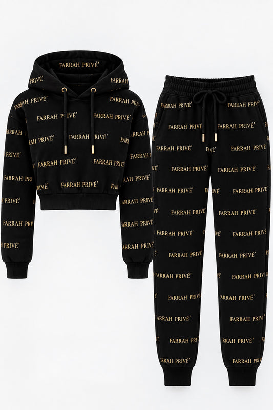 Farrah Privé™ Signature Monogram Hoodie & Jogger Set — Black