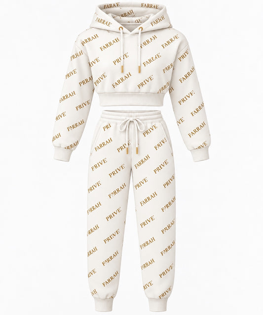 Farrah Privé™ Signature Monogram Cropped Hoodie & Jogger Set — Ivory