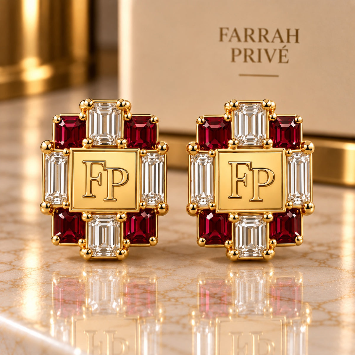 Farrah Privé W-10 Red & Clear Gold Signature Earrings