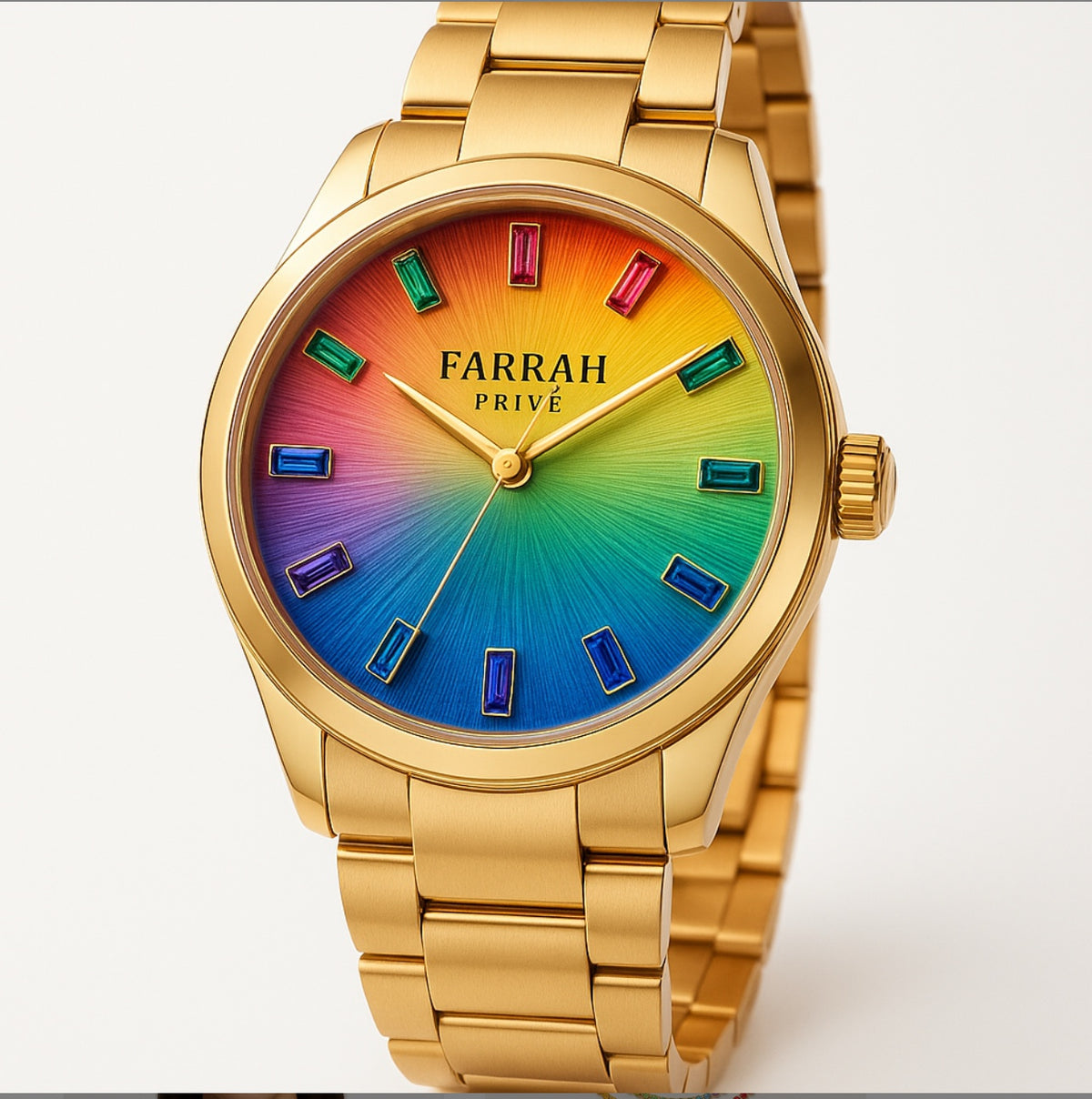 Farrah Privé gold rainbow gemstone watch
