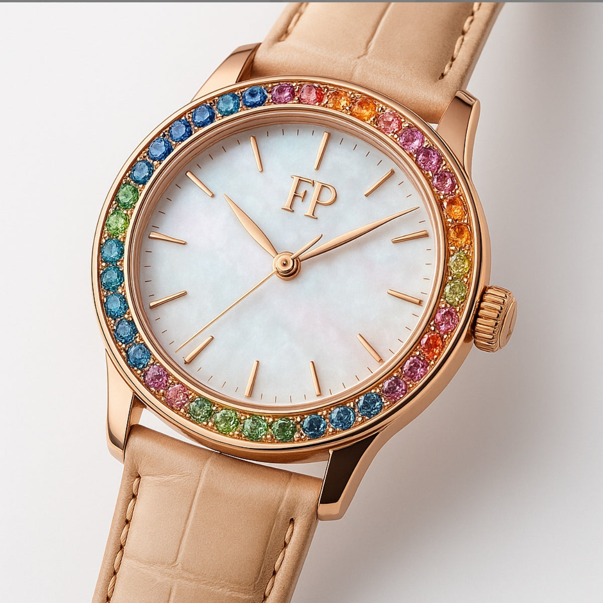 Farrah Privé rose gold rainbow gemstone watch
