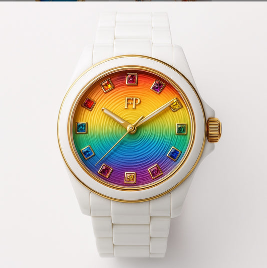 Farrah Privé white rainbow gemstone watch