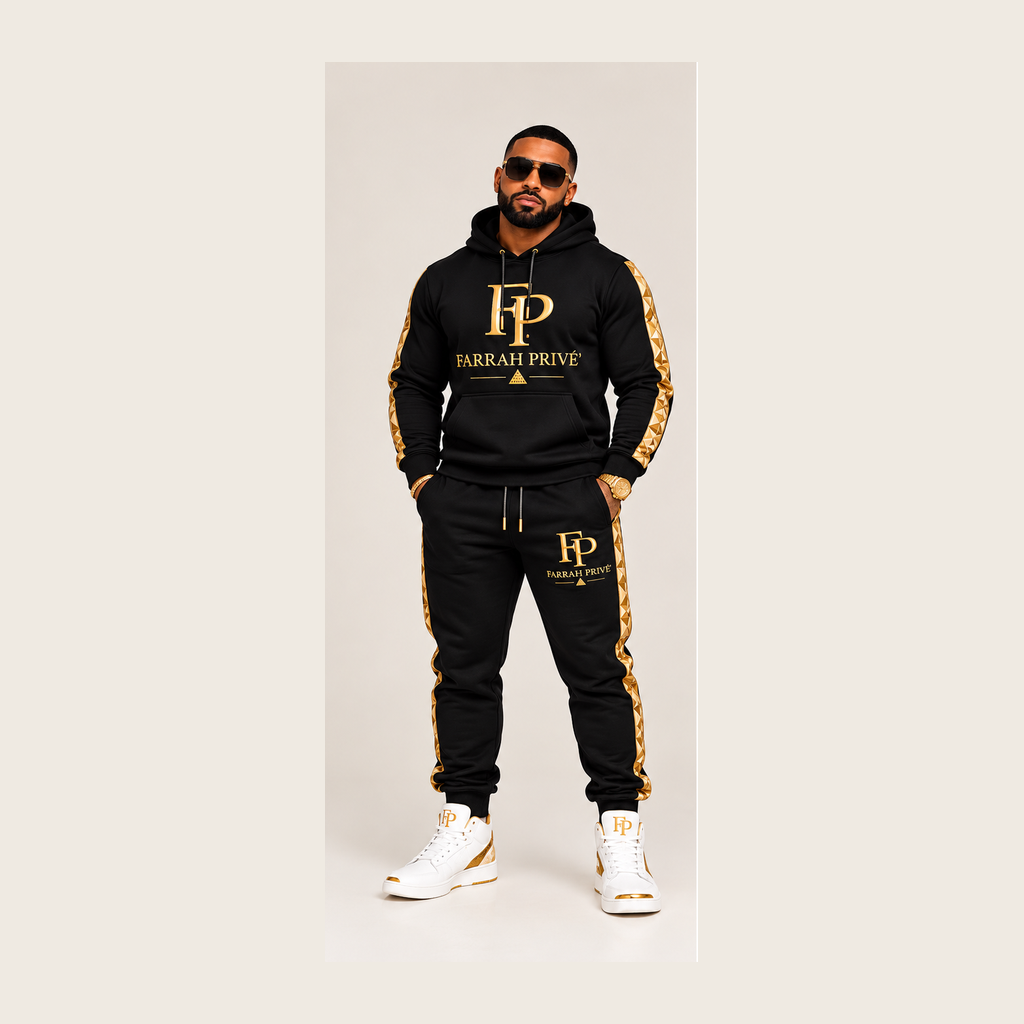 Farrah Privé black and gold men's jogger set — front view, full outfit fitted