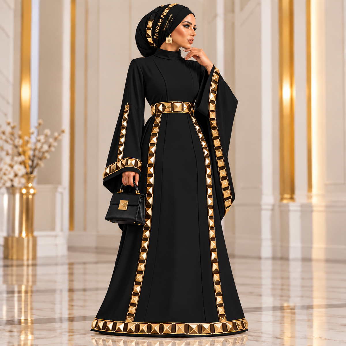 Farrah Privé black pyramid border abaya with matching head wrap