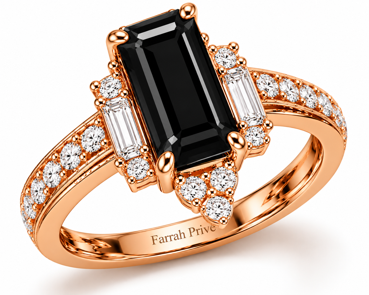 Farrah Privé black stone signature ring in rose gold
