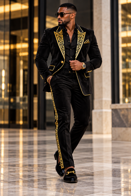 Full-length black Farrah Privé velvet men's suit with gold geometric lapels