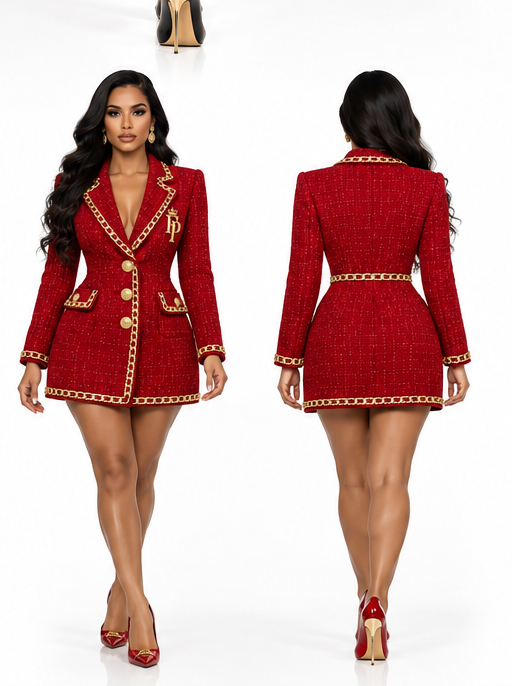 Red Farrah Privé chain trim blazer dress, full front and back views on white background