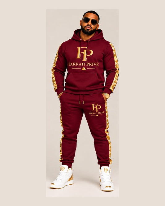 Farrah Privé burgundy and gold men's jogger set front view, fitted framing