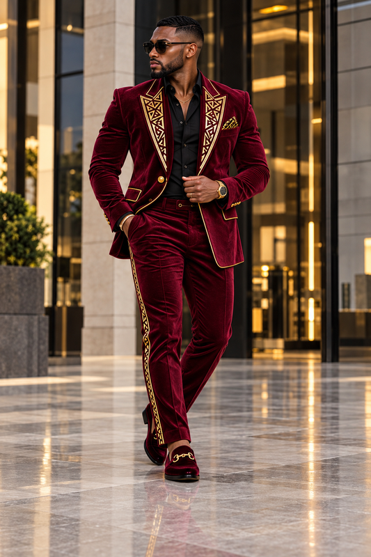 Full-length burgundy Farrah Privé velvet men's suit with gold geometric lapels