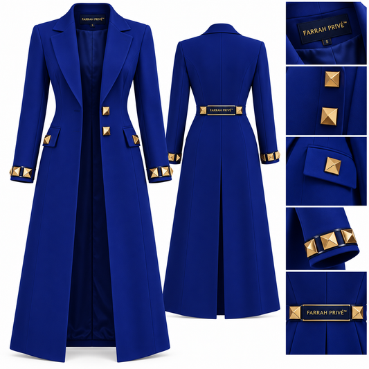 Farrah Privé cobalt blue tailored pyramid coat with branded details