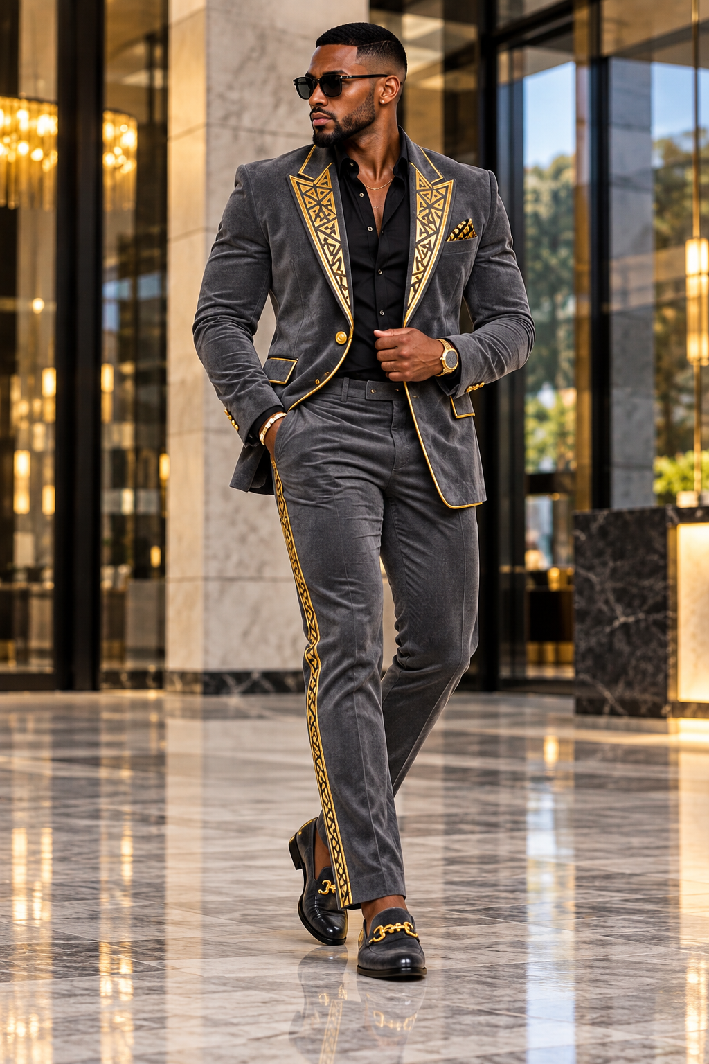 Full-length grey Farrah Privé velvet men's suit with gold geometric lapels