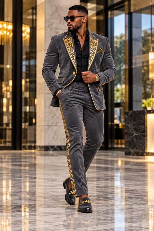 Full-length grey Farrah Privé velvet men's suit with gold geometric lapels