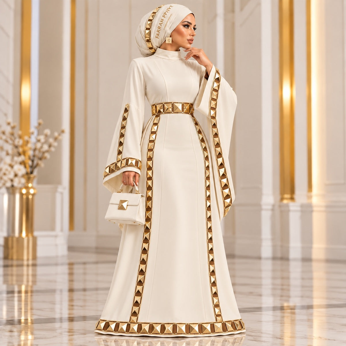 Farrah Privé ivory pyramid border abaya with matching head wrap