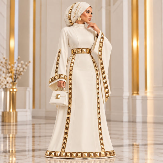Farrah Privé ivory pyramid border abaya with matching head wrap