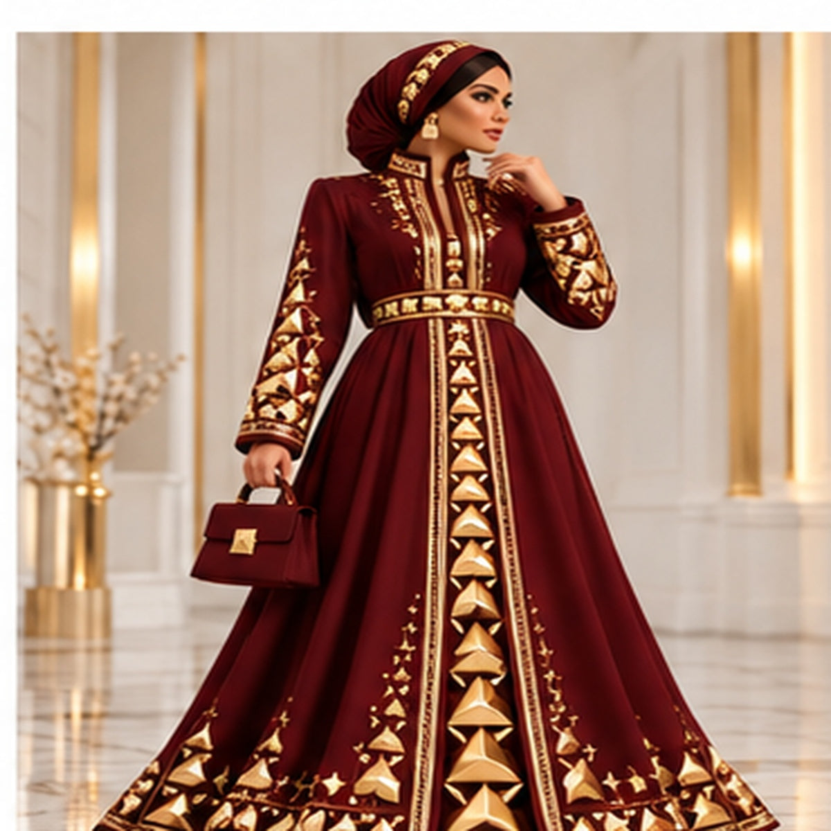 Farrah Privé Pyramid Signature Abaya Burgundy/Gold
