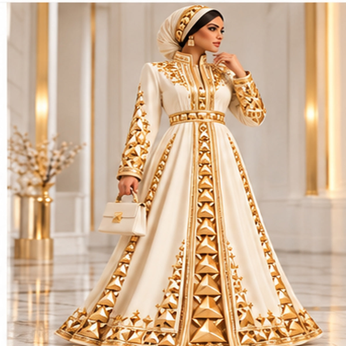 Farrah Privé Pyramid Signature Abaya Ivory/Gold