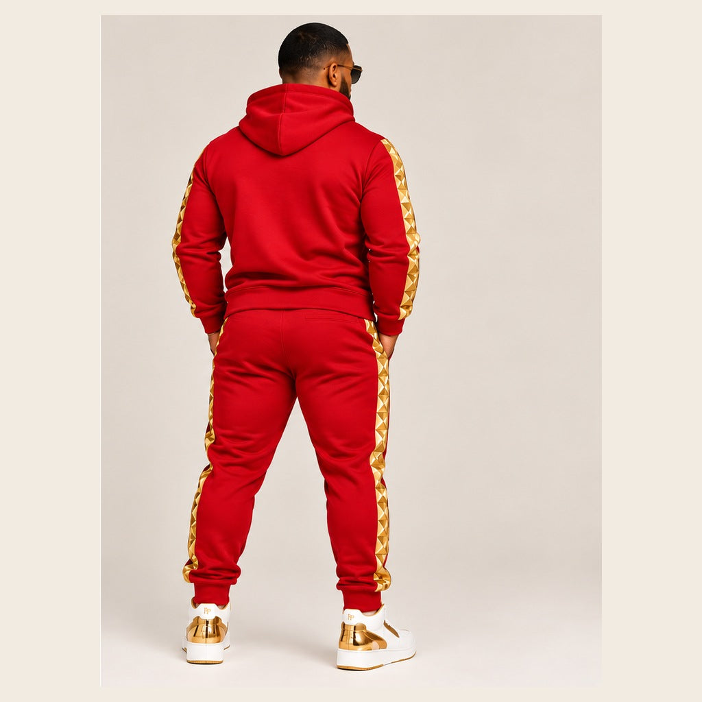 Farrah Privé red and gold men's jogger set — back view