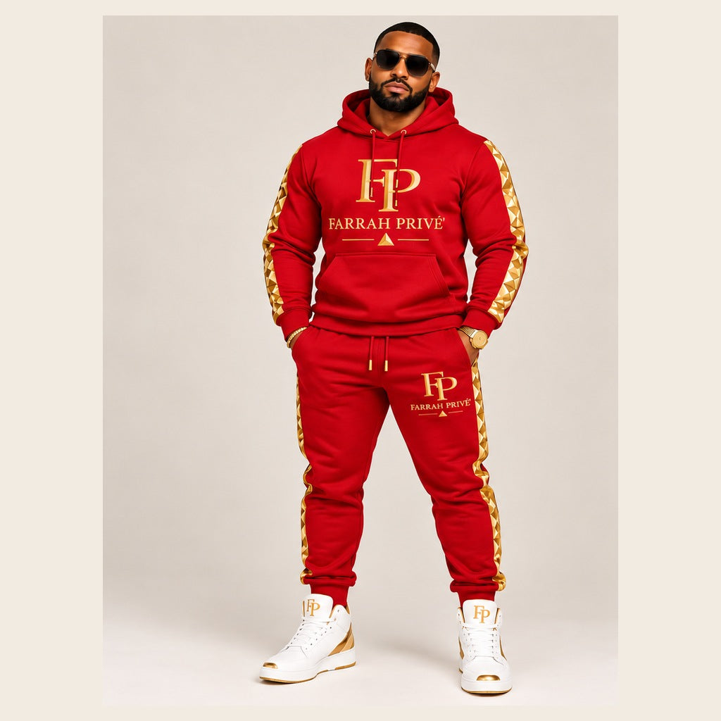 Farrah Privé red and gold men's jogger set — front view