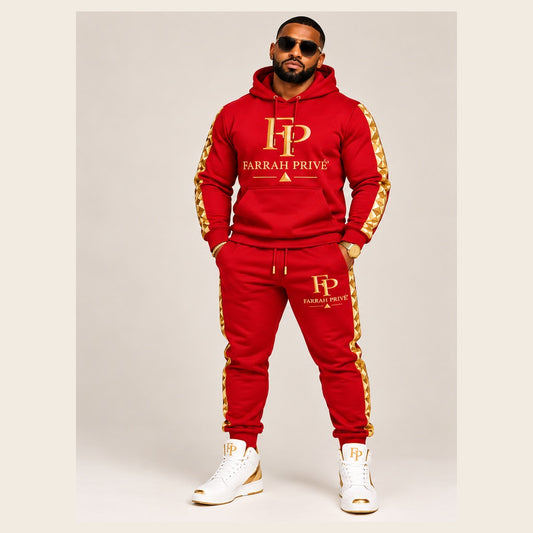 Farrah Privé red and gold men's jogger set — front view