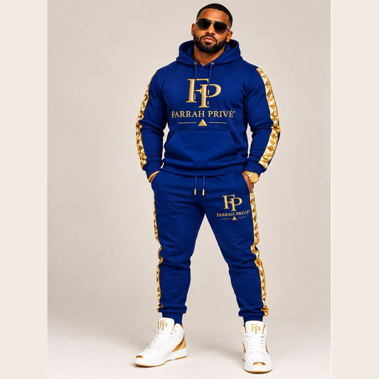 Farrah Privé royal blue and gold men's jogger set — front view