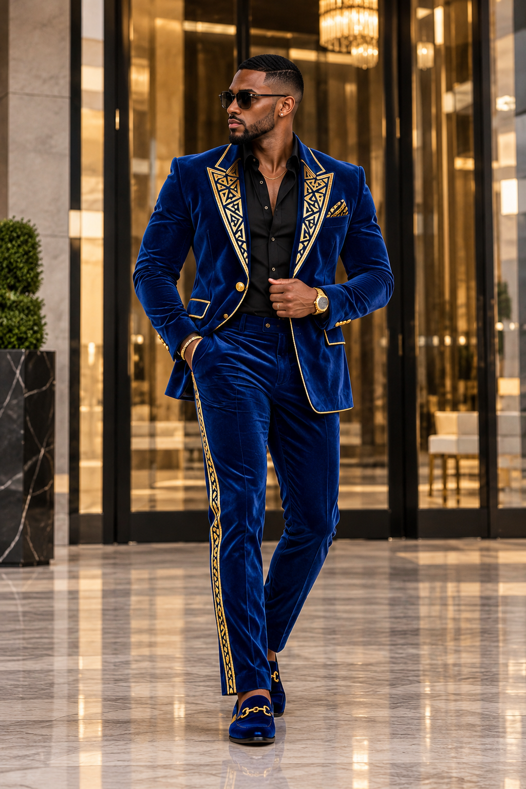 Full-length royal blue Farrah Privé velvet men's suit with gold geometric lapels