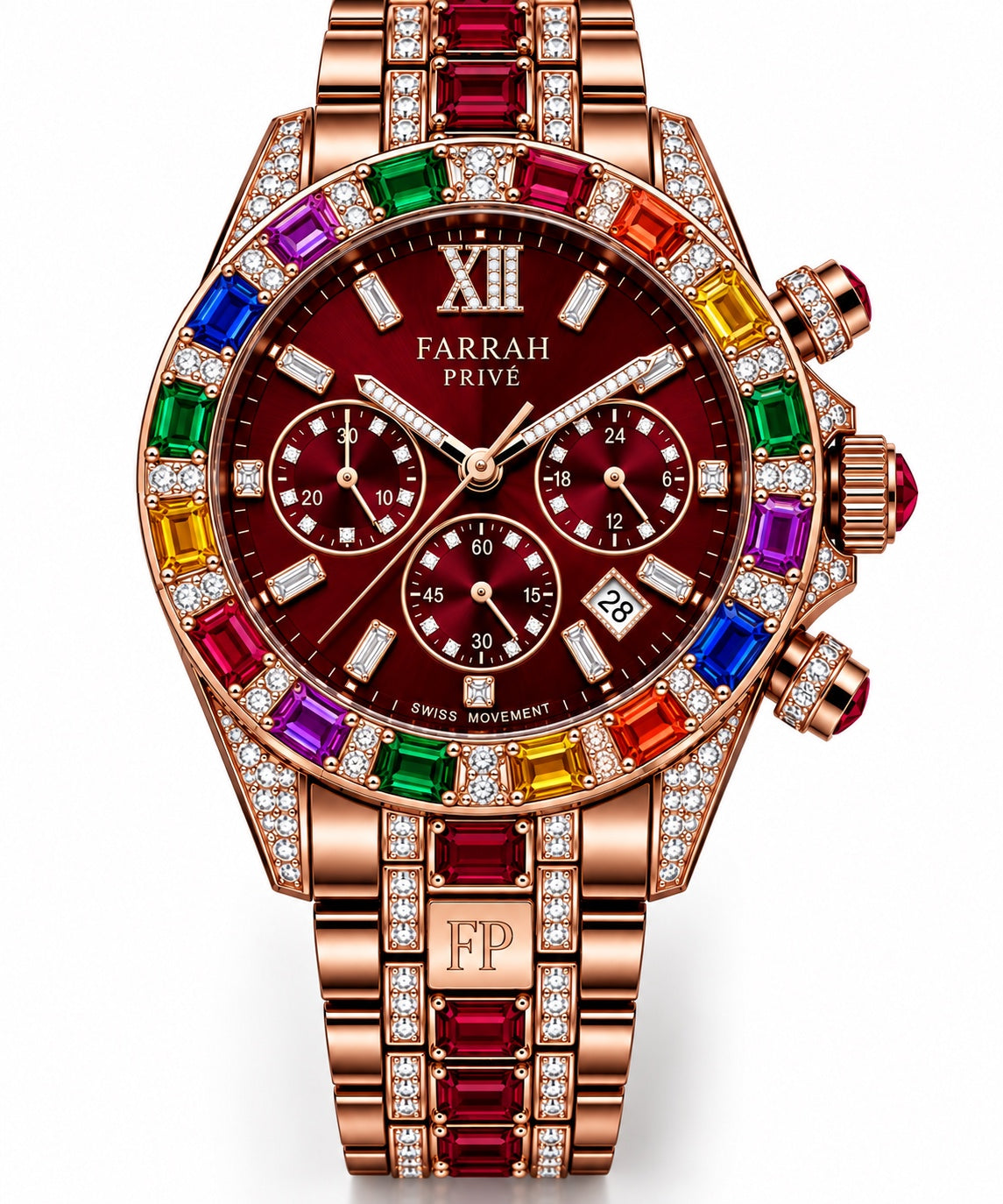 Farrah Privé ruby red rainbow gemstone rose gold chronograph watch