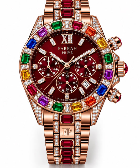 Farrah Privé ruby red rainbow gemstone rose gold chronograph watch