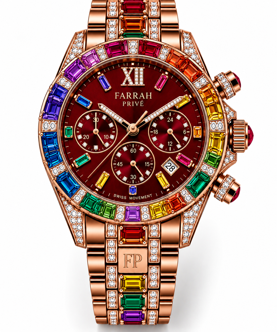Farrah Privé ruby red and multicolor gemstone rose gold signature chronograph watch