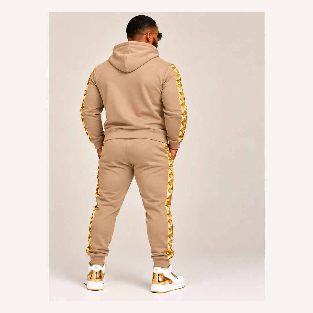 Farrah Privé tan and gold men's jogger set — back view