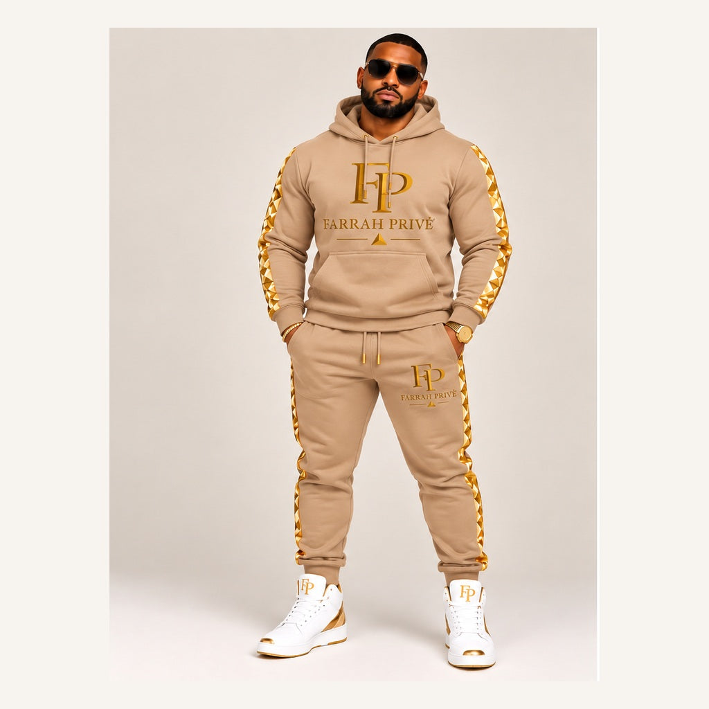 Farrah Privé tan and gold men's jogger set — front view