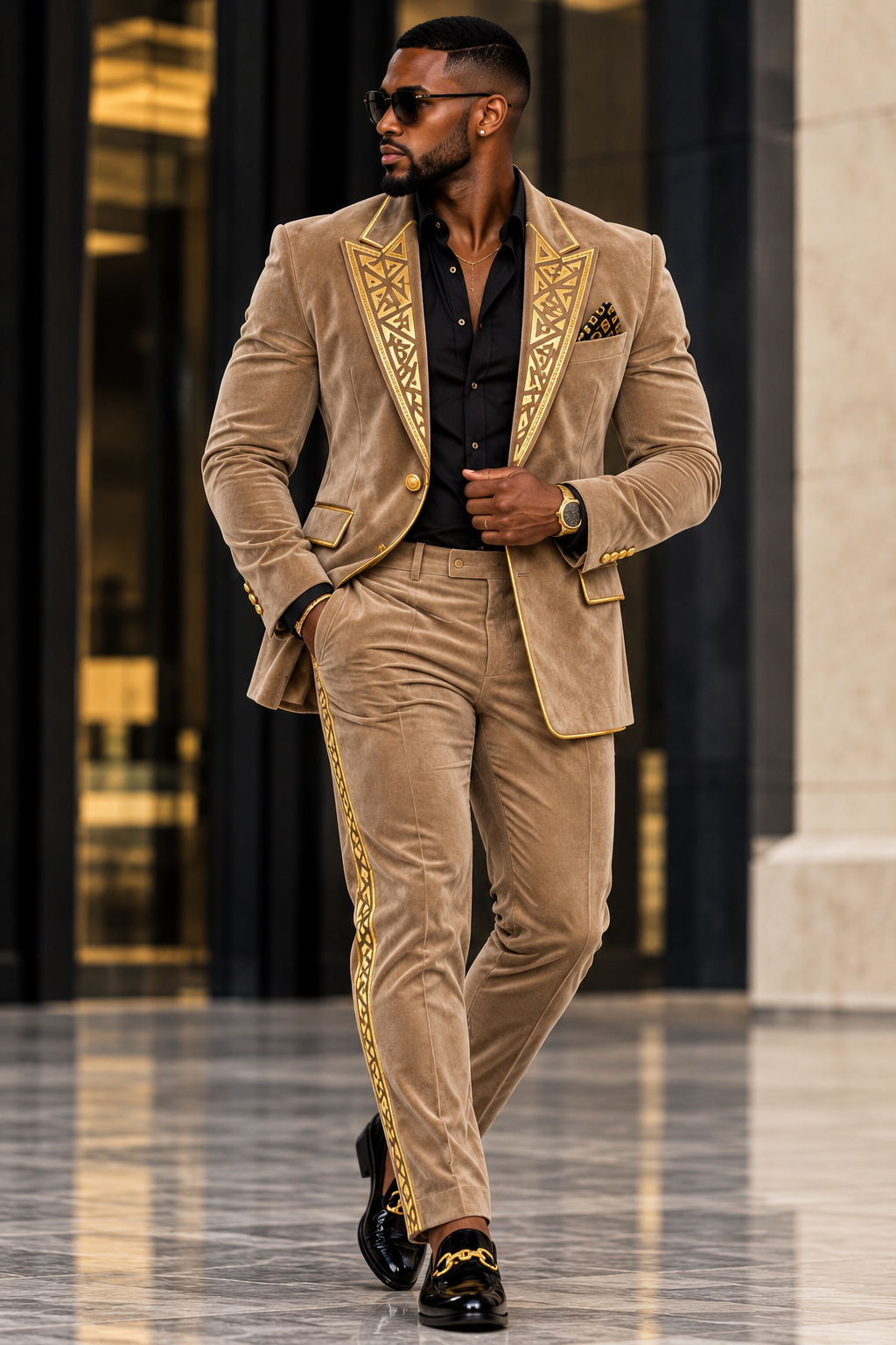 Full-length tan velvet Farrah Privé men's suit with gold geometric lapels and matching trousers