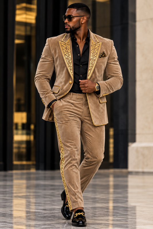 Full-length tan velvet Farrah Privé men's suit with gold geometric lapels and matching trousers