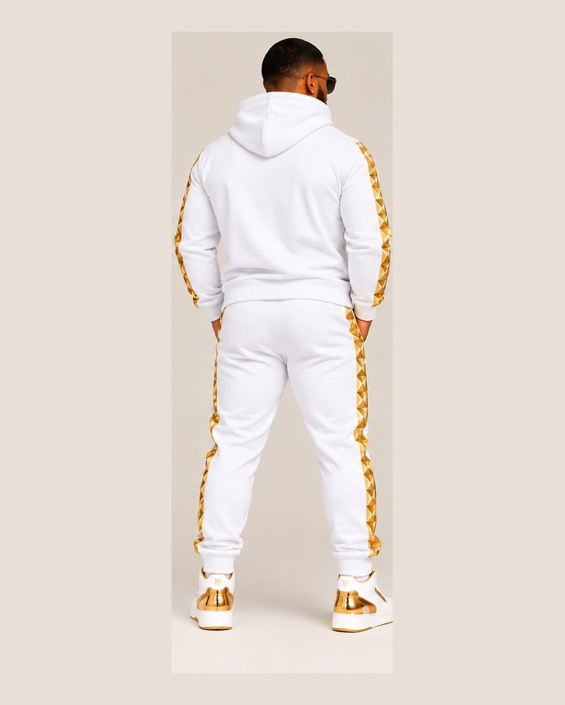Farrah Privé white and gold men's jogger set back view, fitted framing