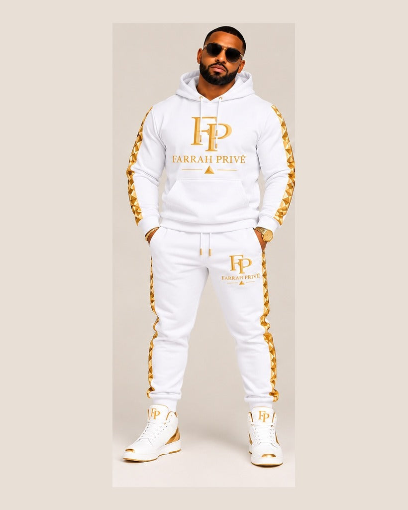Farrah Privé white and gold men's jogger set front view, fitted framing
