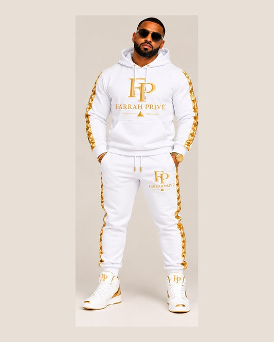 Farrah Privé white and gold men's jogger set front view, fitted framing