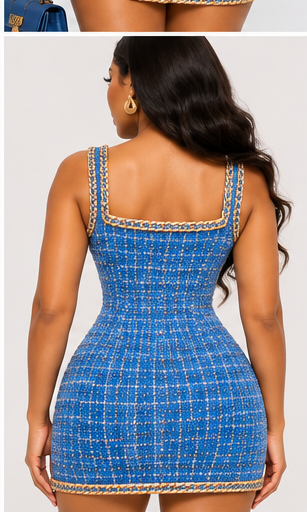 Farrah Privé Blue tweed mini dress back on model