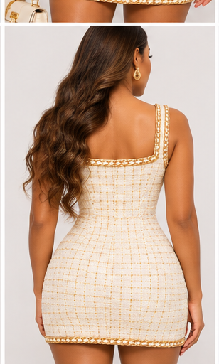 Farrah Privé Ivory tweed mini dress back on model