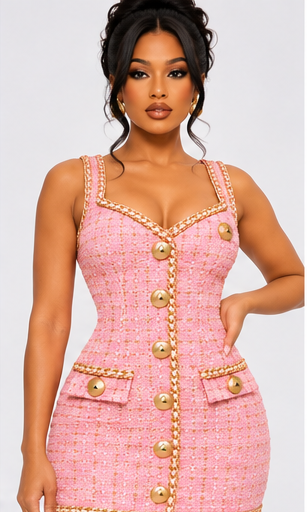 Farrah Privé Pink tweed mini dress front on model