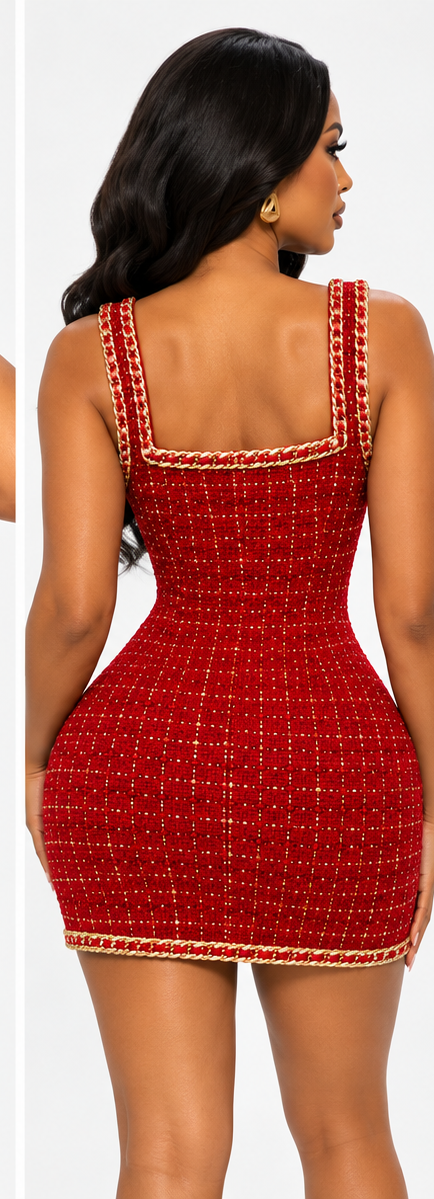Farrah Privé red tweed mini dress back on model